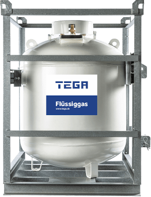 silbernes-320-kilo-Fass-gefuellt-mit-Fluessiggas-in-einem-Metallkäfig-zur-Stabilisierung-und-der-Aufschrift-TEGA