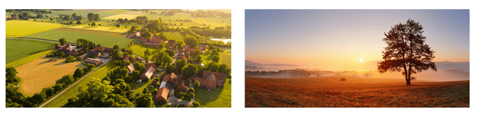 Die wichtigsten Vorteile von Flüssiggas- TEGA GmbH Zwei-Landschaftsbilder-Dorf-im-Gruenen-und-Feld-mit-Baum-im-Sonnenuntergang