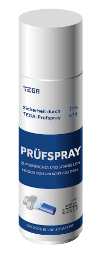TEGA Prüfspray 674 weisse-Spruehflasche-gefuellt-mit-Fluessiggas-blaues-Ettiket-liest-TEGA-Pruefspray-674